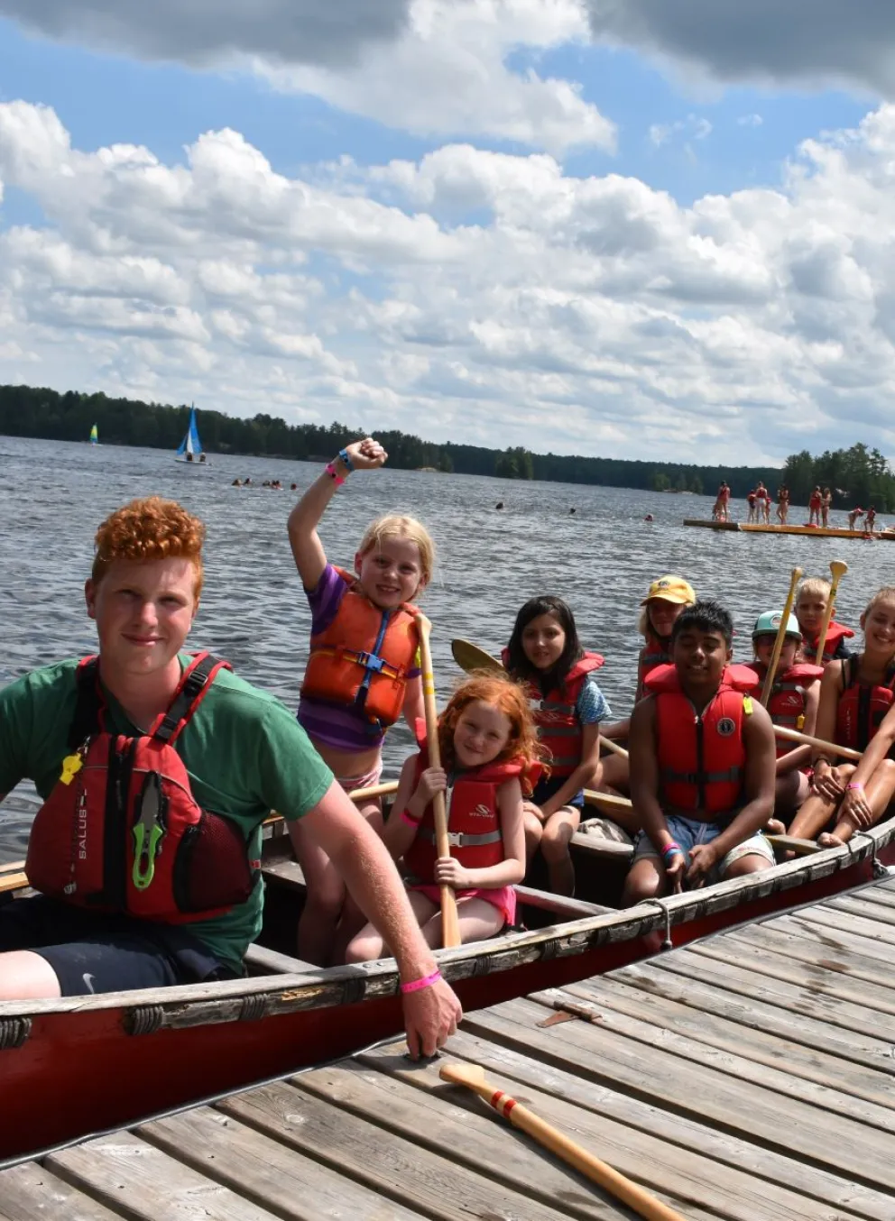 Group of junior campers in canoe