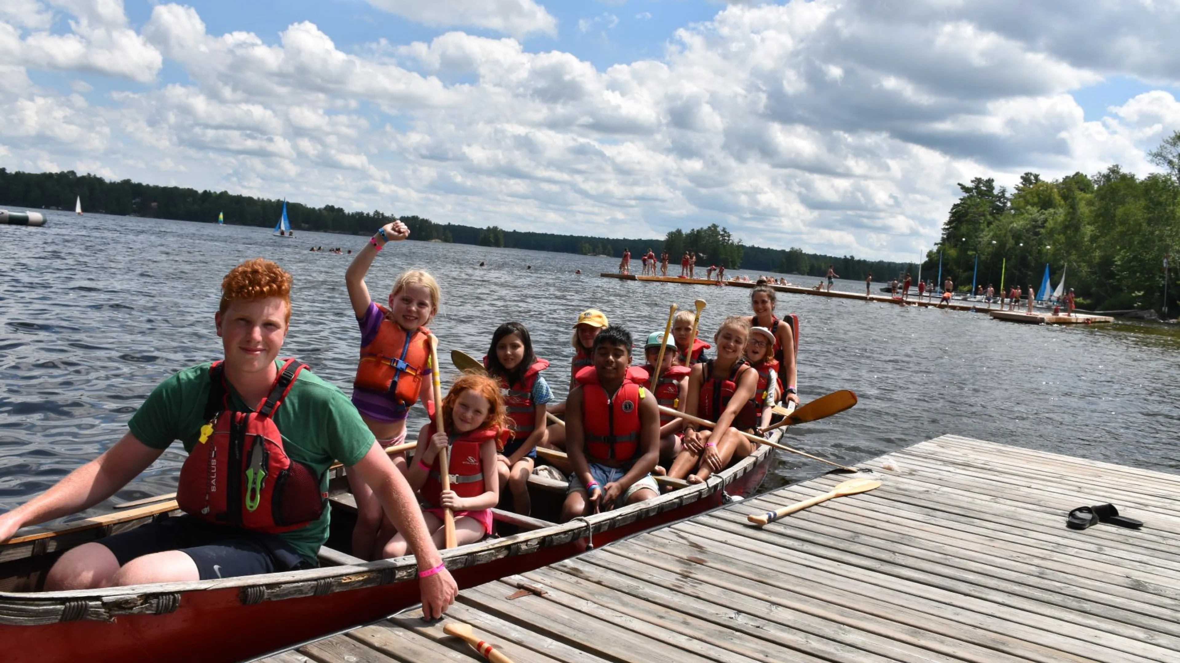 Group of junior campers in canoe